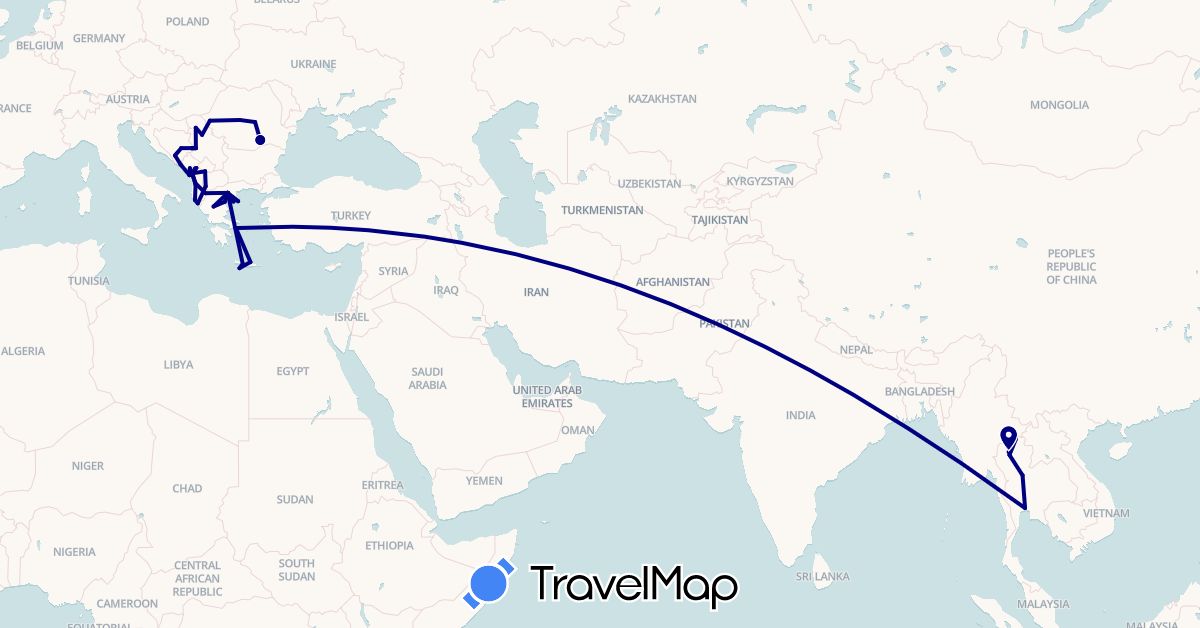 TravelMap itinerary: driving in Albania, Bosnia and Herzegovina, Greece, Montenegro, Macedonia, Romania, Serbia, Thailand (Asia, Europe)